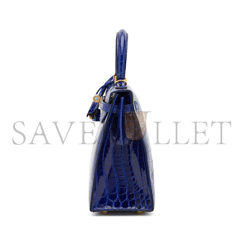 HERMÈS MASTER ELECTRIC SHINY BLUE CROCODILE KELLY 25 GOLD HARDWARE (25*17*7cm)